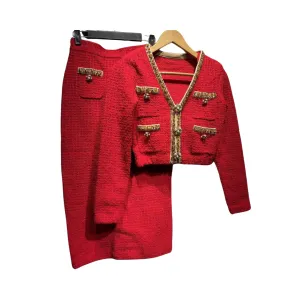 Pre Order:  Embellished V-Neck Knitted Cardigan   Hip Hugging Skirt