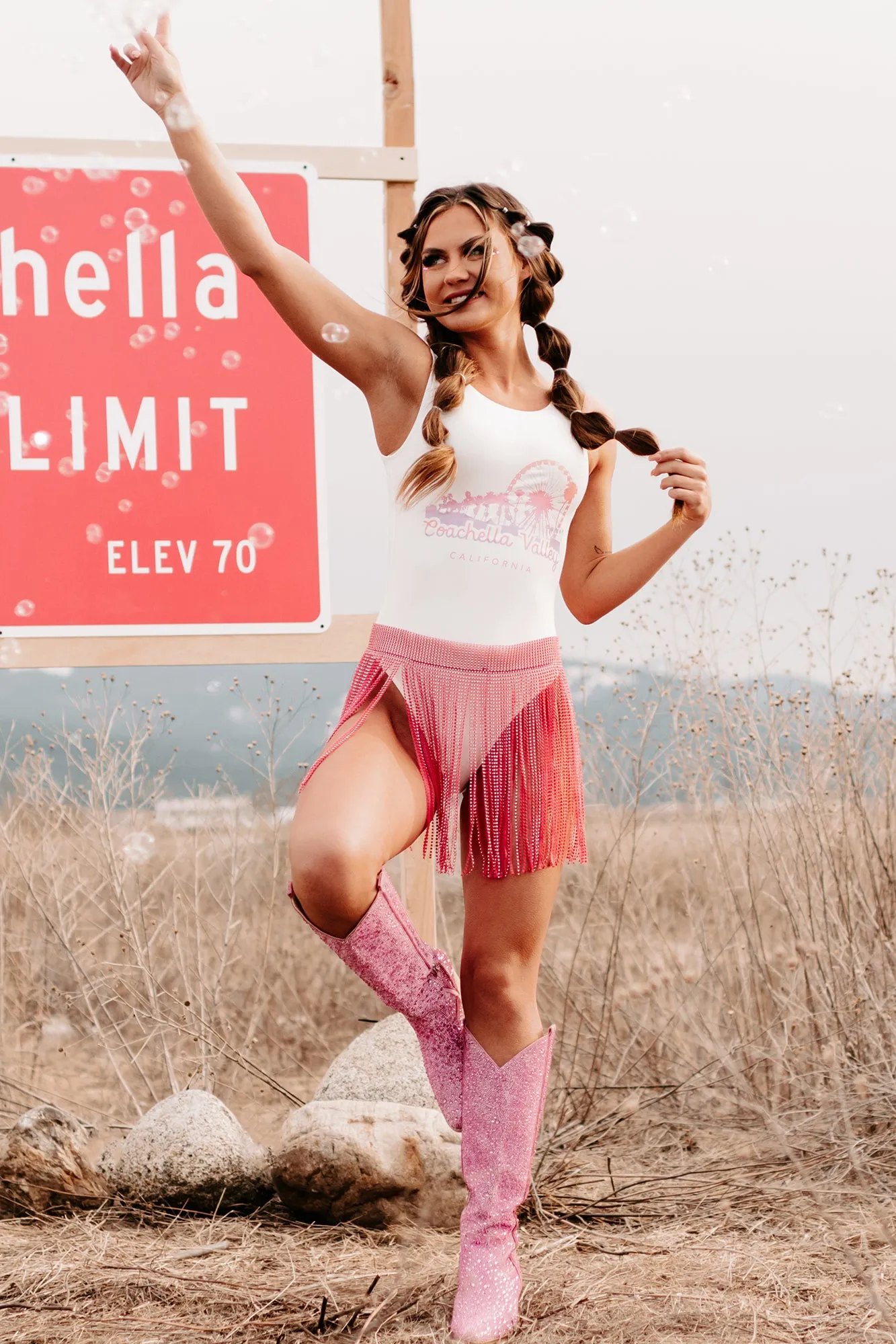 "Coachella Valley" Sleeveless Scoop Back Graphic Bodysuit (White) - Print On Demand