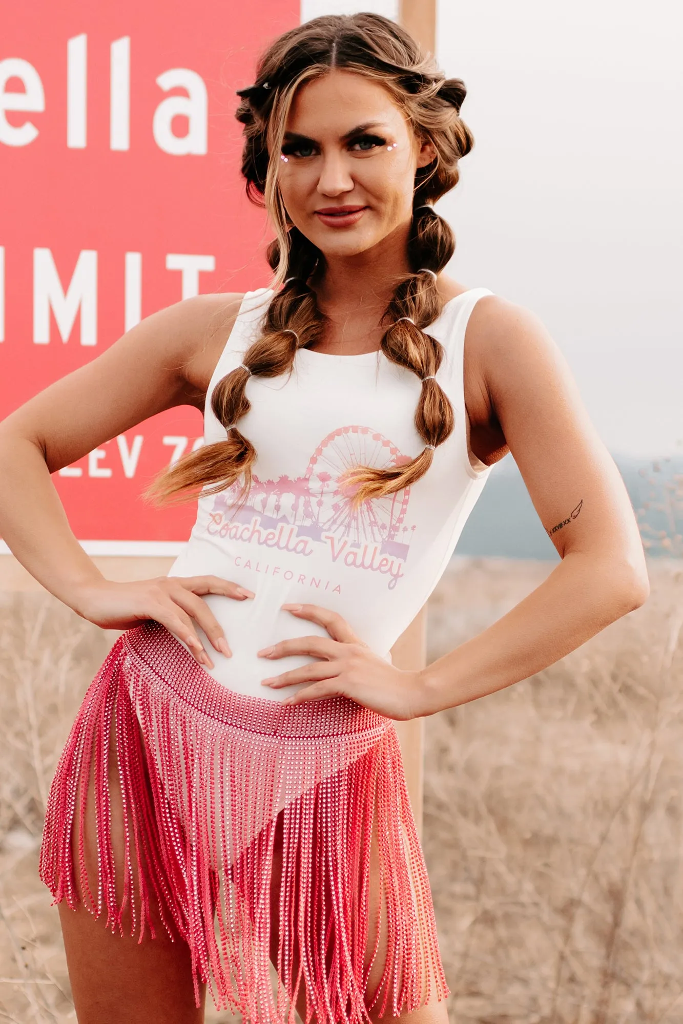"Coachella Valley" Sleeveless Scoop Back Graphic Bodysuit (White) - Print On Demand