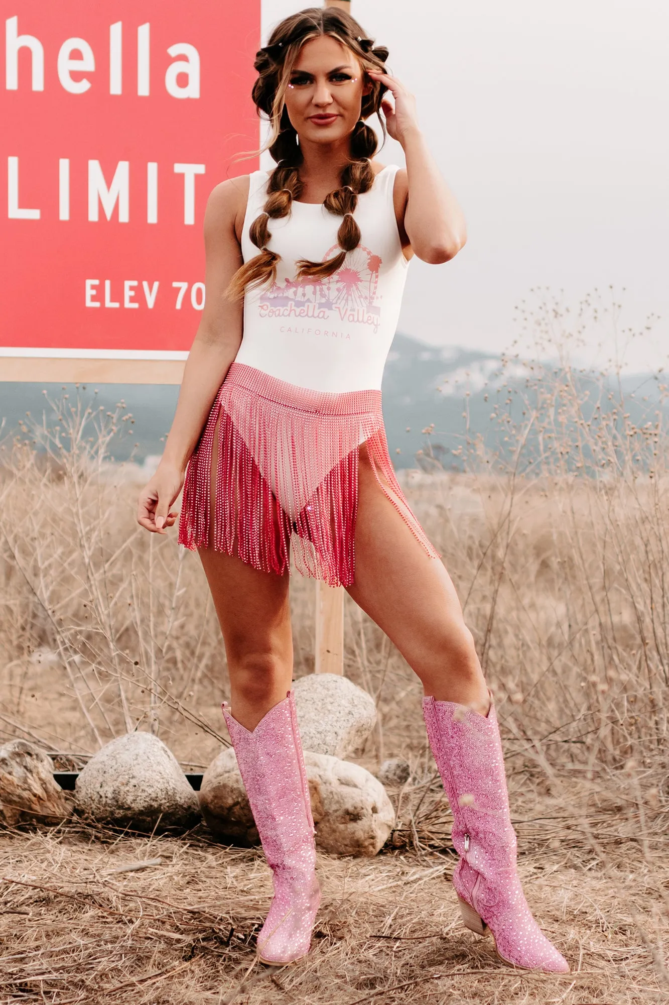 "Coachella Valley" Sleeveless Scoop Back Graphic Bodysuit (White) - Print On Demand