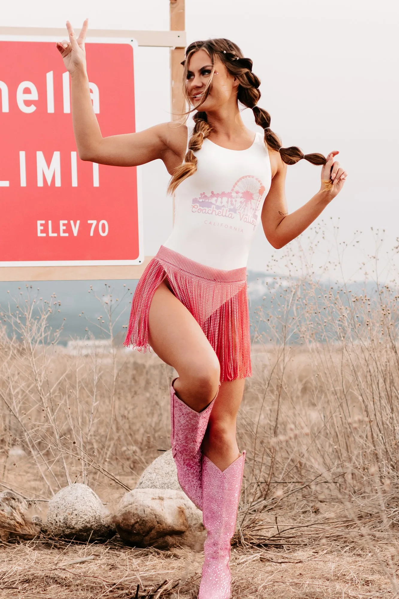 "Coachella Valley" Sleeveless Scoop Back Graphic Bodysuit (White) - Print On Demand