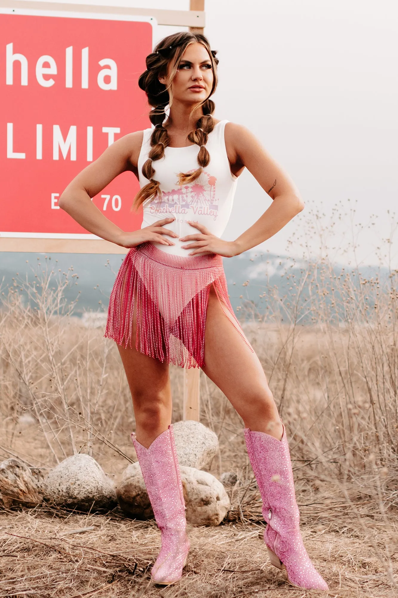 "Coachella Valley" Sleeveless Scoop Back Graphic Bodysuit (White) - Print On Demand