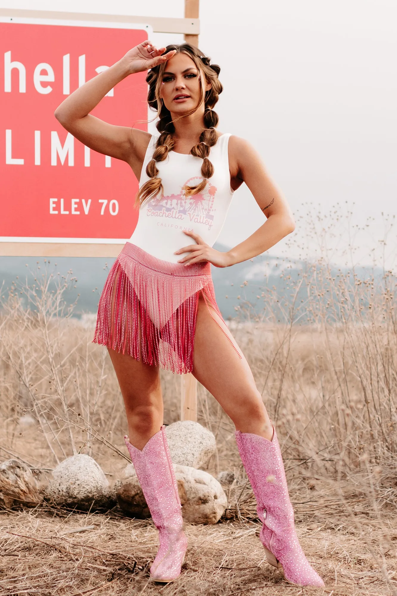"Coachella Valley" Sleeveless Scoop Back Graphic Bodysuit (White) - Print On Demand