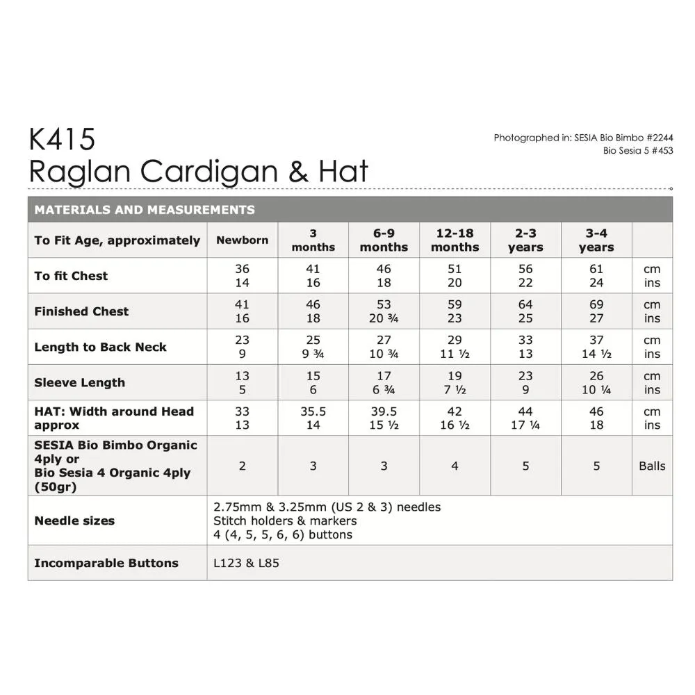 Raglan Cardigan & Hat Knitting Pattern (K415)