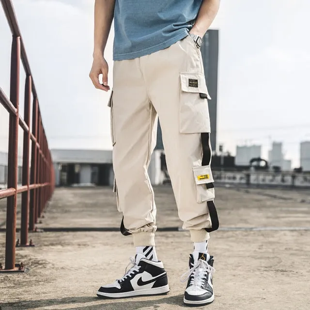 Ribbons Harem Joggers Men Cargo Pants Streetwear Hip Hop Casual Pockets Track Pants Male Harajuku Fashion Trousers