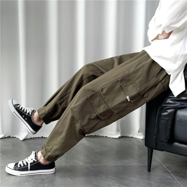Ribbons Harem Joggers Men Cargo Pants Streetwear Hip Hop Casual Pockets Track Pants Male Harajuku Fashion Trousers