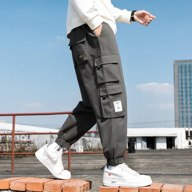 Ribbons Harem Joggers Men Cargo Pants Streetwear Hip Hop Casual Pockets Track Pants Male Harajuku Fashion Trousers