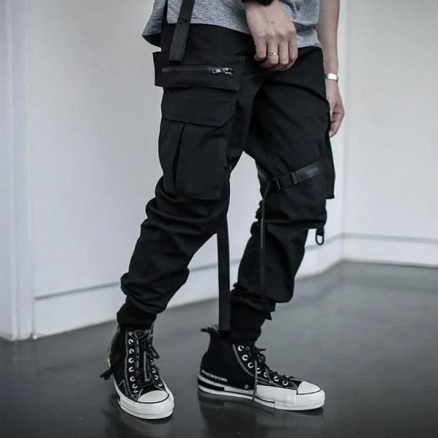Ribbons Harem Joggers Men Cargo Pants Streetwear Hip Hop Casual Pockets Track Pants Male Harajuku Fashion Trousers