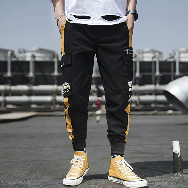 Ribbons Harem Joggers Men Cargo Pants Streetwear Hip Hop Casual Pockets Track Pants Male Harajuku Fashion Trousers