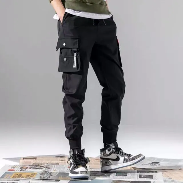 Ribbons Harem Joggers Men Cargo Pants Streetwear Hip Hop Casual Pockets Track Pants Male Harajuku Fashion Trousers