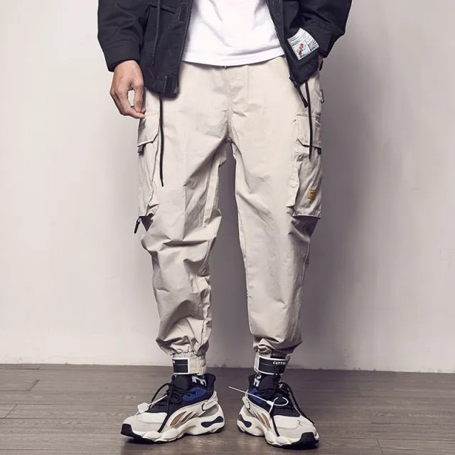 Ribbons Harem Joggers Men Cargo Pants Streetwear Hip Hop Casual Pockets Track Pants Male Harajuku Fashion Trousers