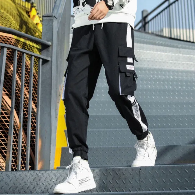 Ribbons Harem Joggers Men Cargo Pants Streetwear Hip Hop Casual Pockets Track Pants Male Harajuku Fashion Trousers
