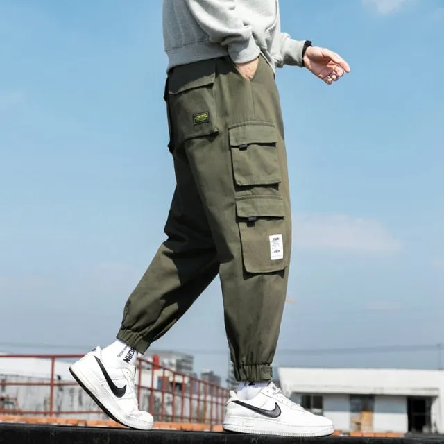 Ribbons Harem Joggers Men Cargo Pants Streetwear Hip Hop Casual Pockets Track Pants Male Harajuku Fashion Trousers