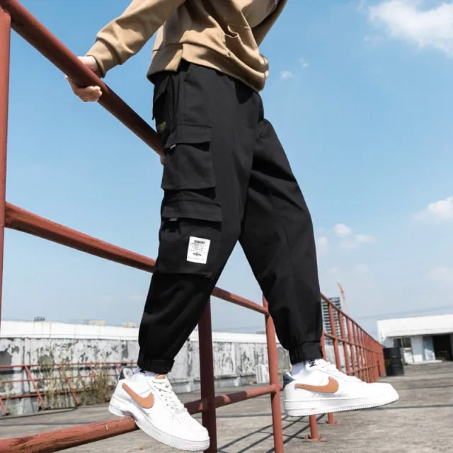 Ribbons Harem Joggers Men Cargo Pants Streetwear Hip Hop Casual Pockets Track Pants Male Harajuku Fashion Trousers