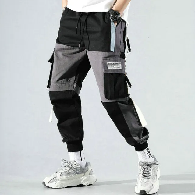 Ribbons Harem Joggers Men Cargo Pants Streetwear Hip Hop Casual Pockets Track Pants Male Harajuku Fashion Trousers