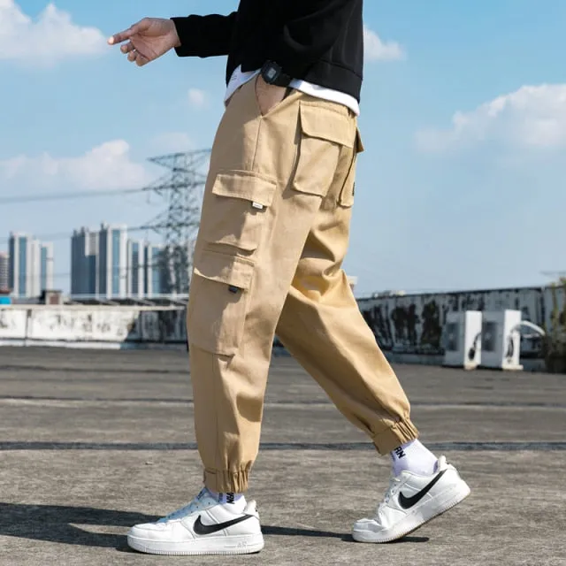 Ribbons Harem Joggers Men Cargo Pants Streetwear Hip Hop Casual Pockets Track Pants Male Harajuku Fashion Trousers