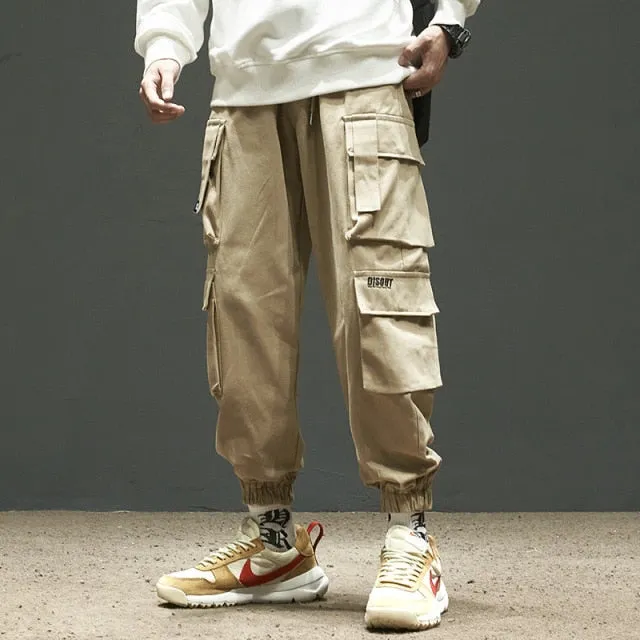 Ribbons Harem Joggers Men Cargo Pants Streetwear Hip Hop Casual Pockets Track Pants Male Harajuku Fashion Trousers