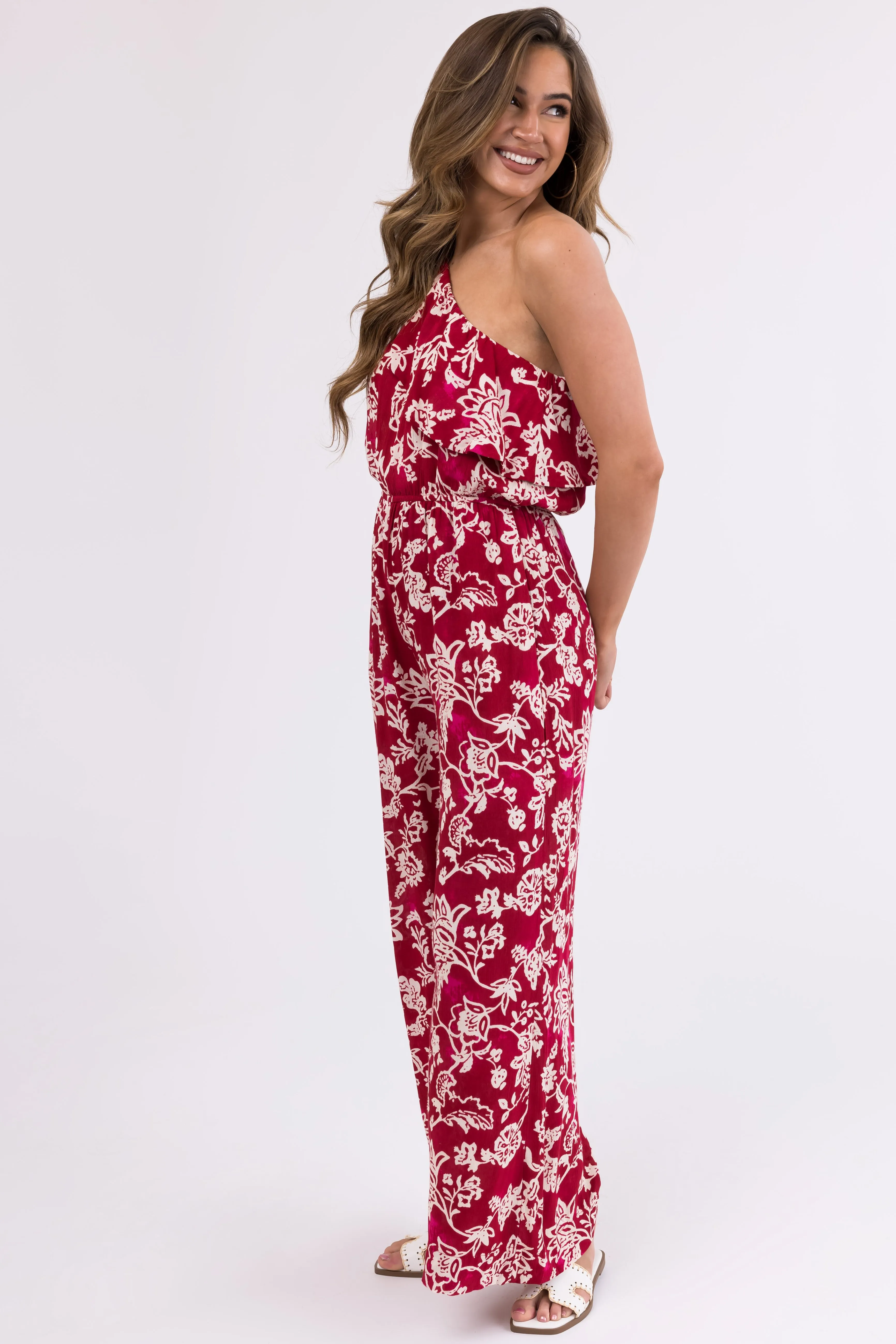 Ruby Floral Print One Shoulder Ruffle Jumpsuit