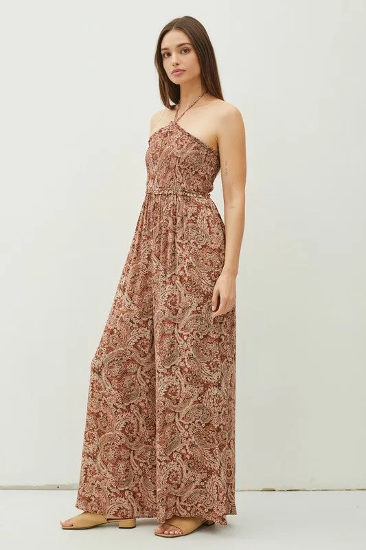 Rust Print Cutout Smocked Halter Wide Leg Jumpsuit