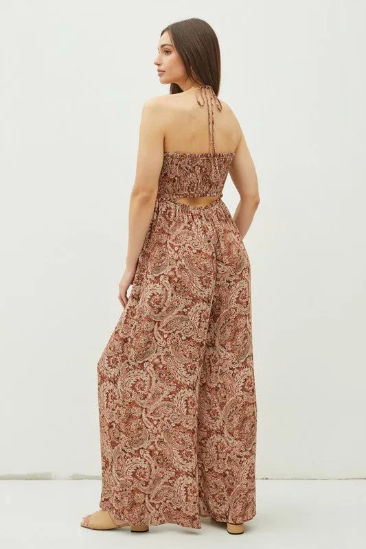 Rust Print Cutout Smocked Halter Wide Leg Jumpsuit