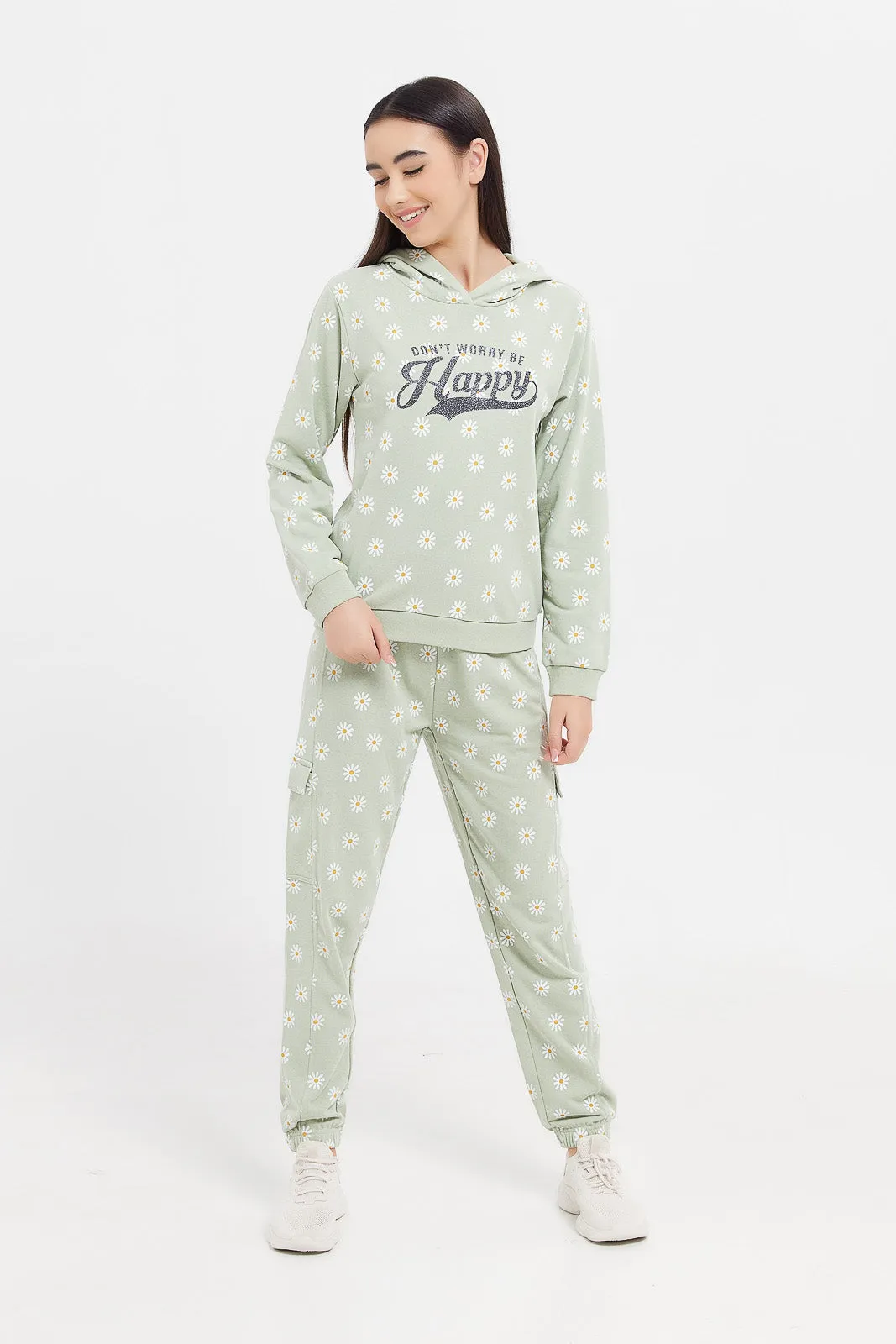 Senior Girls Olive Floral Cargo Pocket Pants