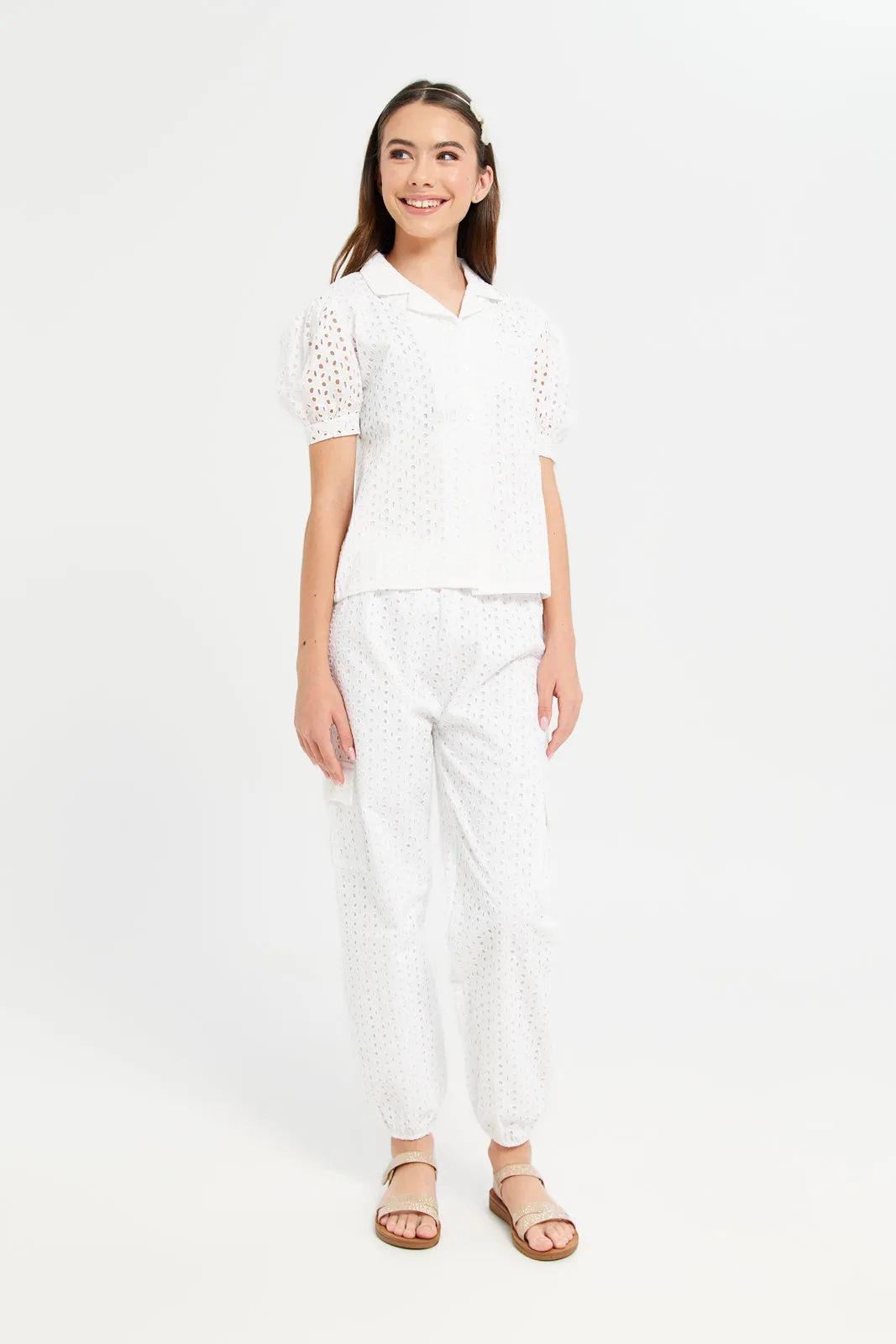 Senior Girls White Chiffly Cargo Pocket Pants