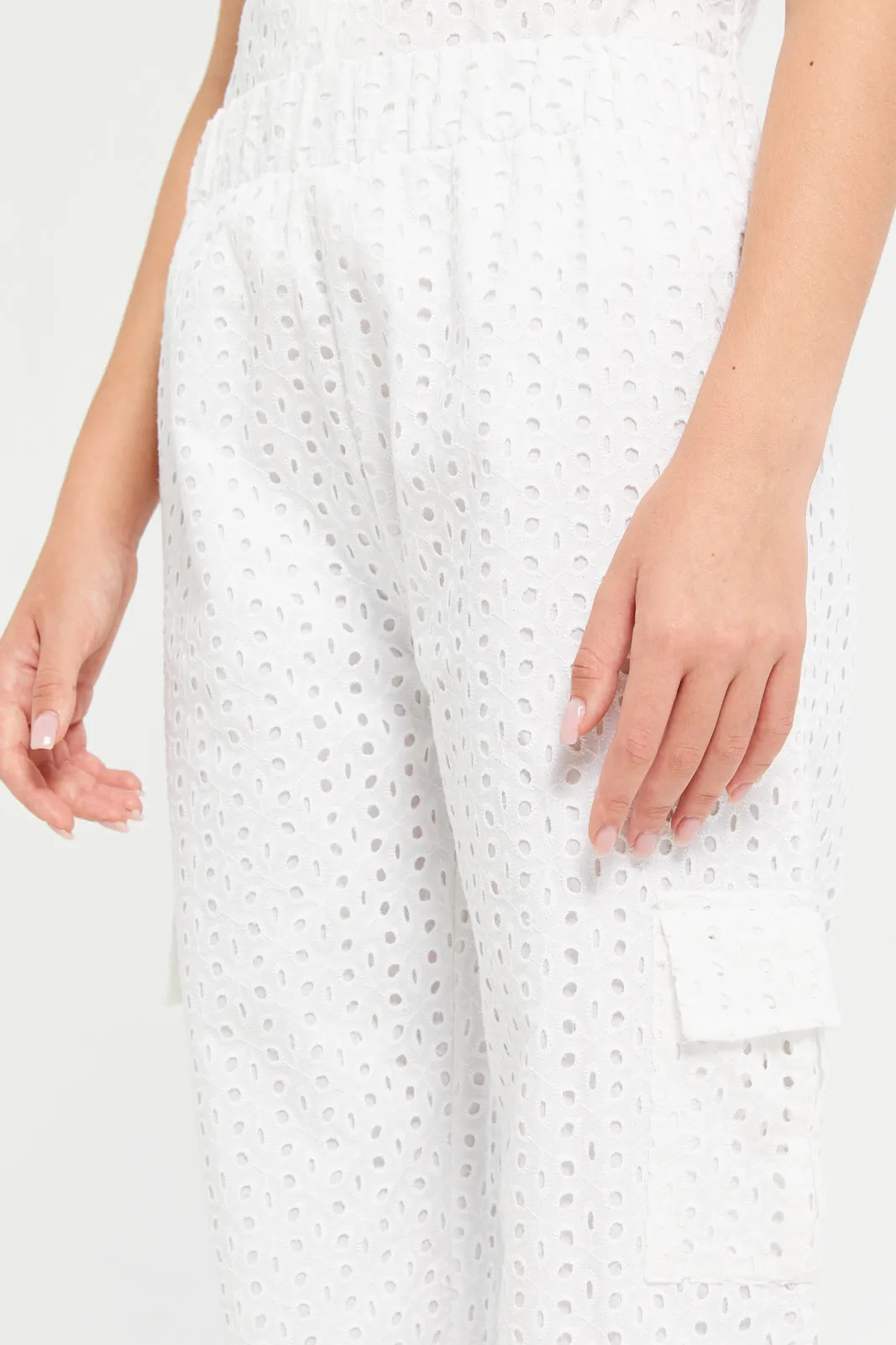 Senior Girls White Chiffly Cargo Pocket Pants
