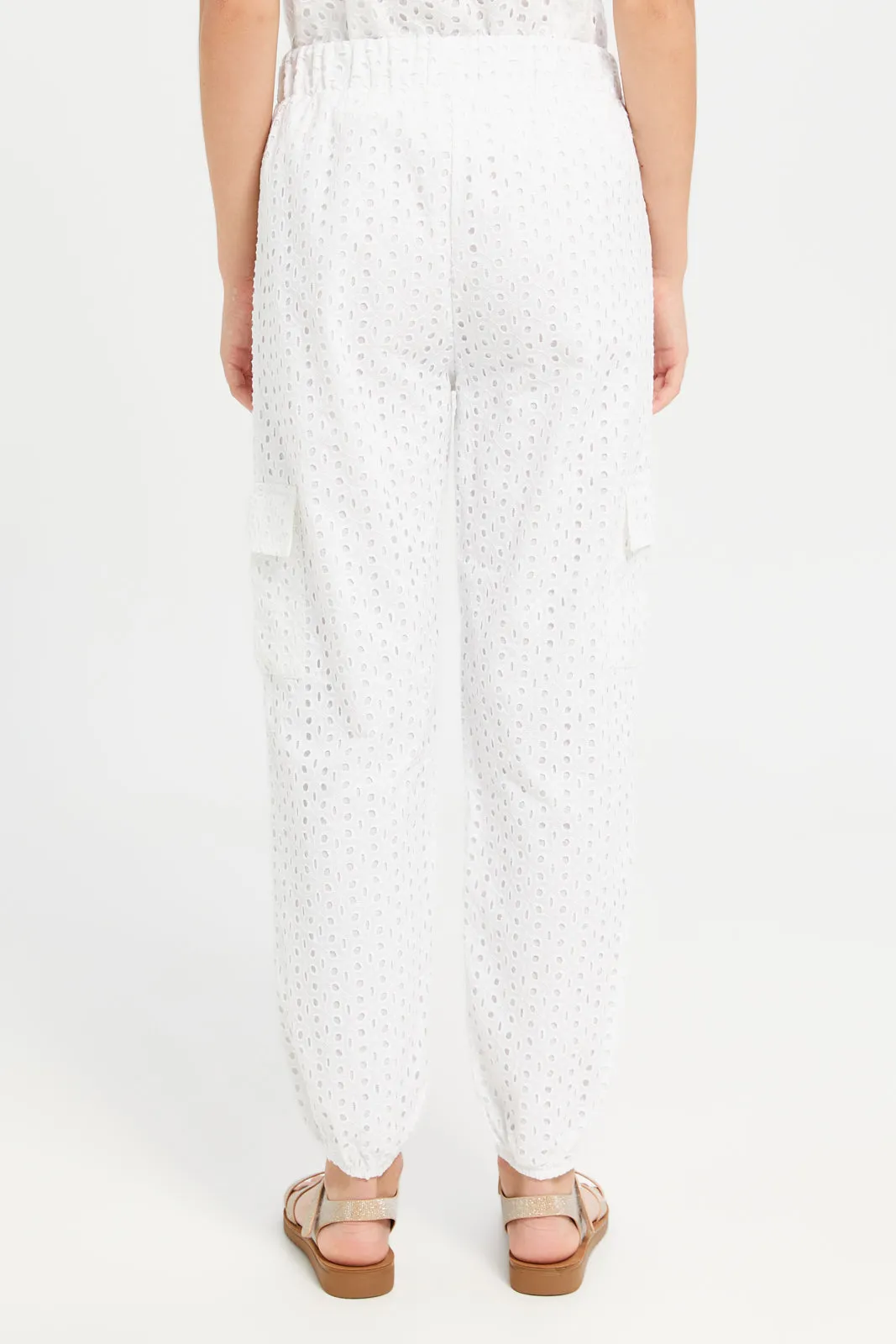 Senior Girls White Chiffly Cargo Pocket Pants