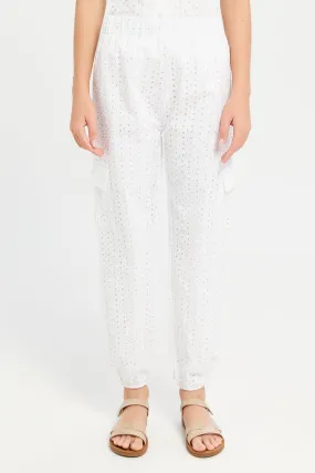 Senior Girls White Chiffly Cargo Pocket Pants