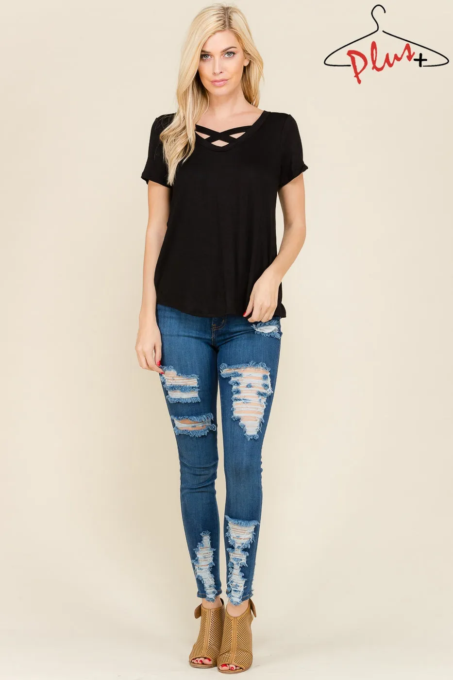 Short sleeve crisscross solid top