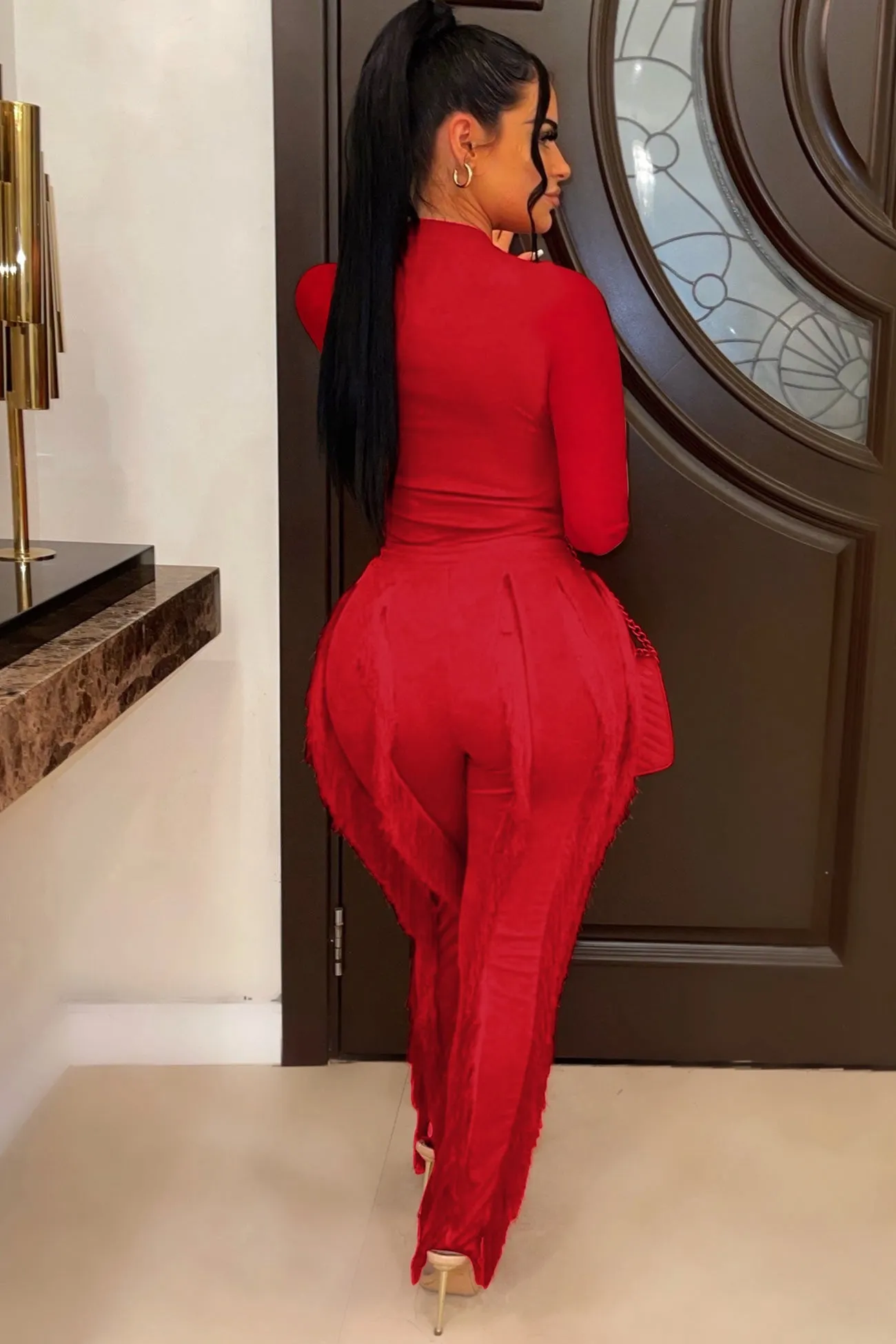 Solid Bodysuit Fringe Long Pants Suits