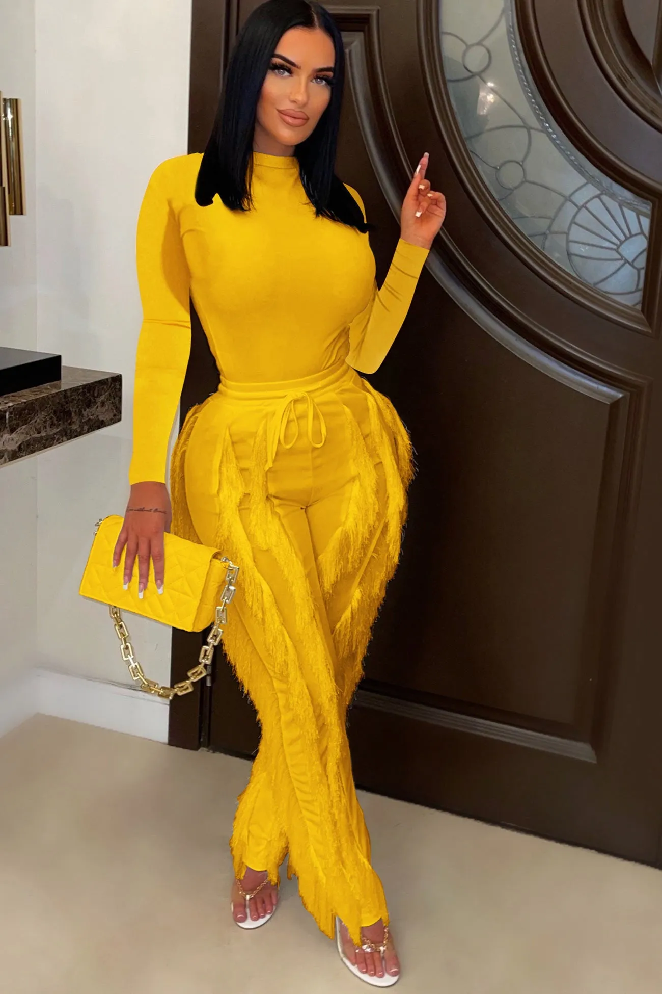Solid Bodysuit Fringe Long Pants Suits