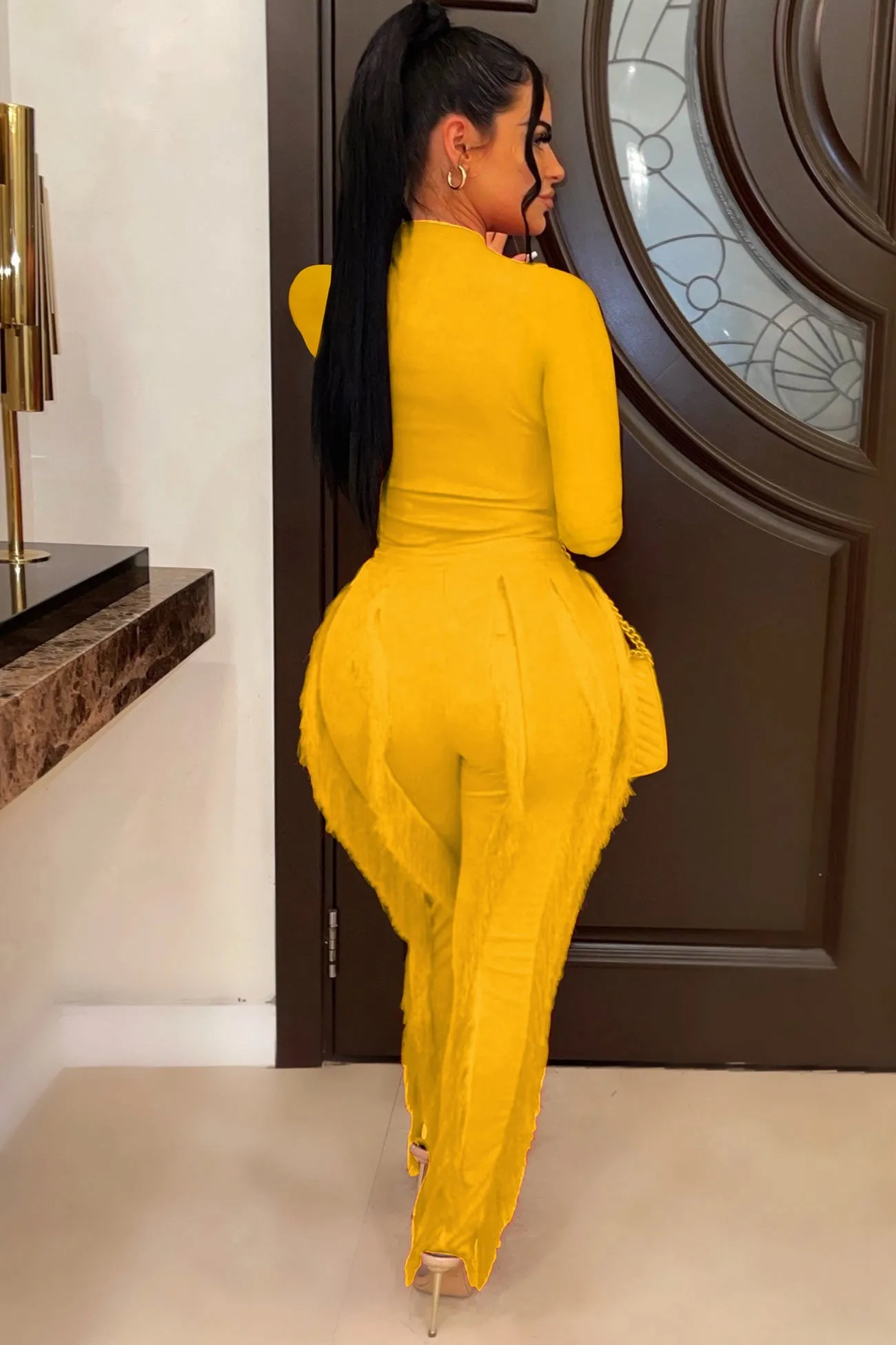 Solid Bodysuit Fringe Long Pants Suits