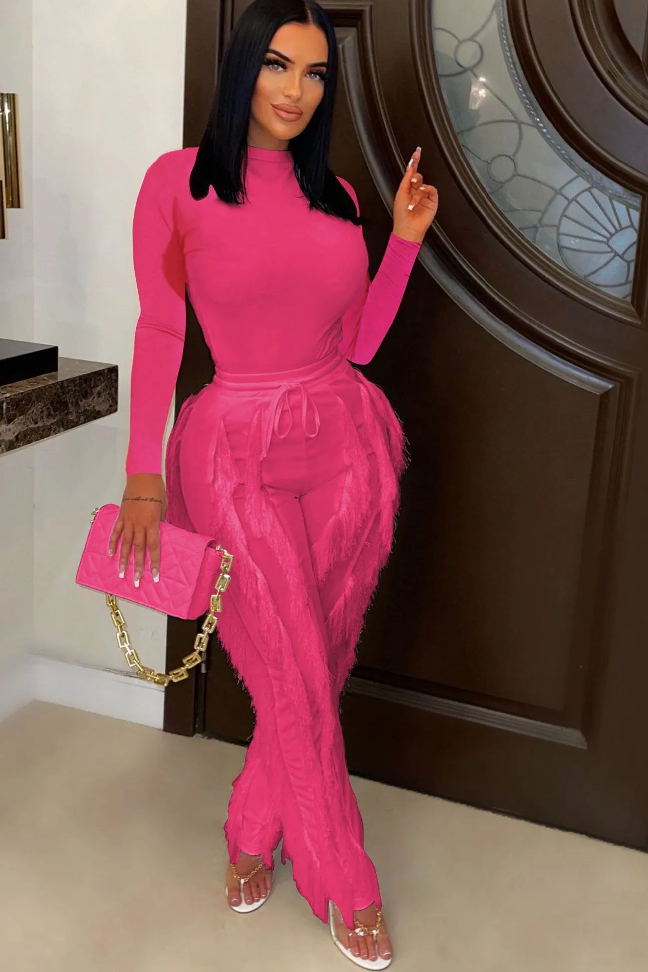 Solid Bodysuit Fringe Long Pants Suits