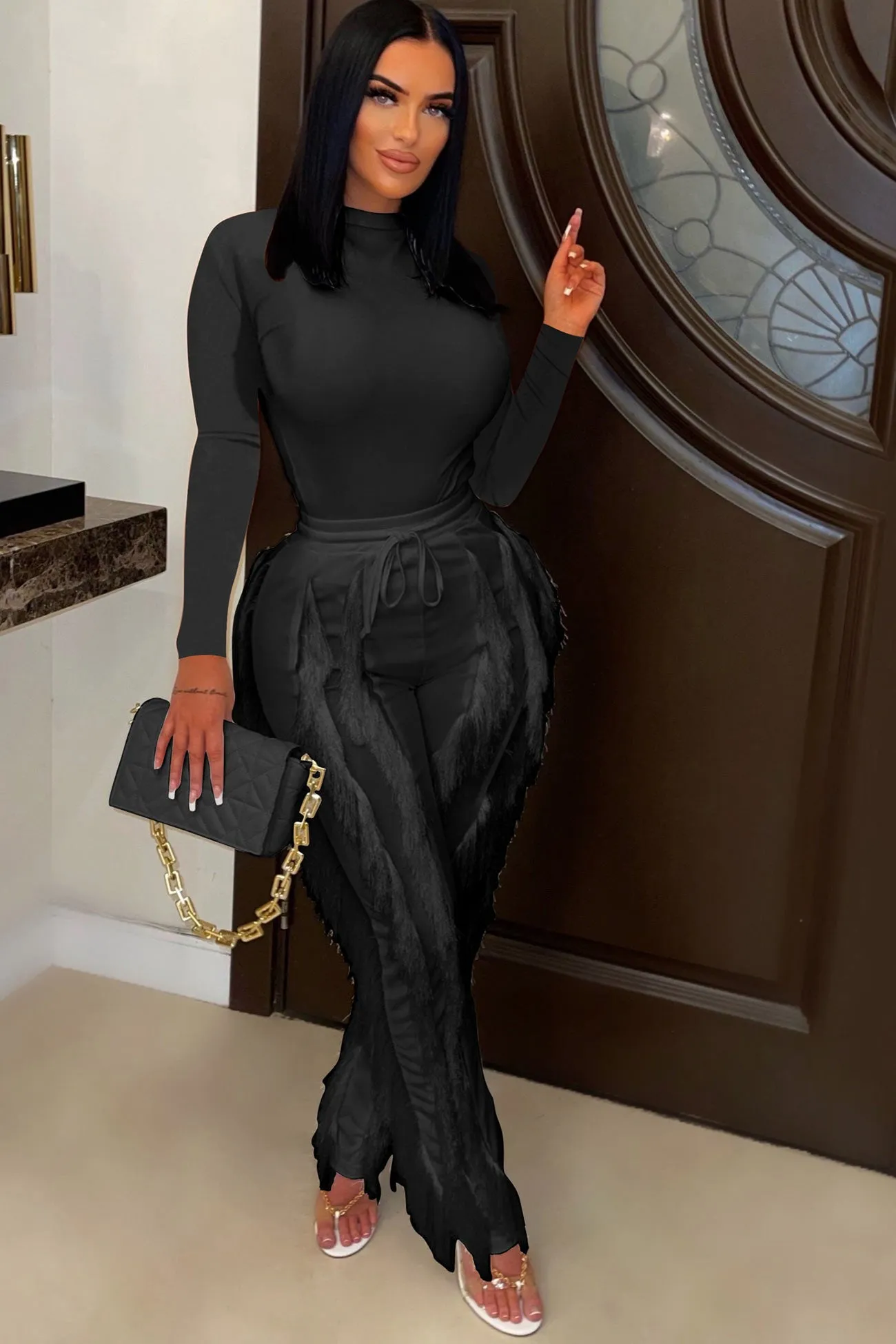 Solid Bodysuit Fringe Long Pants Suits