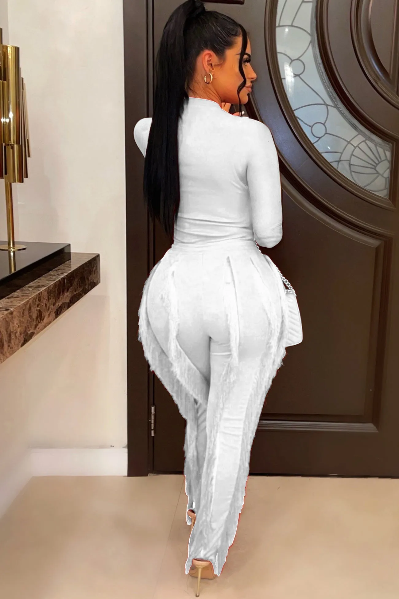 Solid Bodysuit Fringe Long Pants Suits
