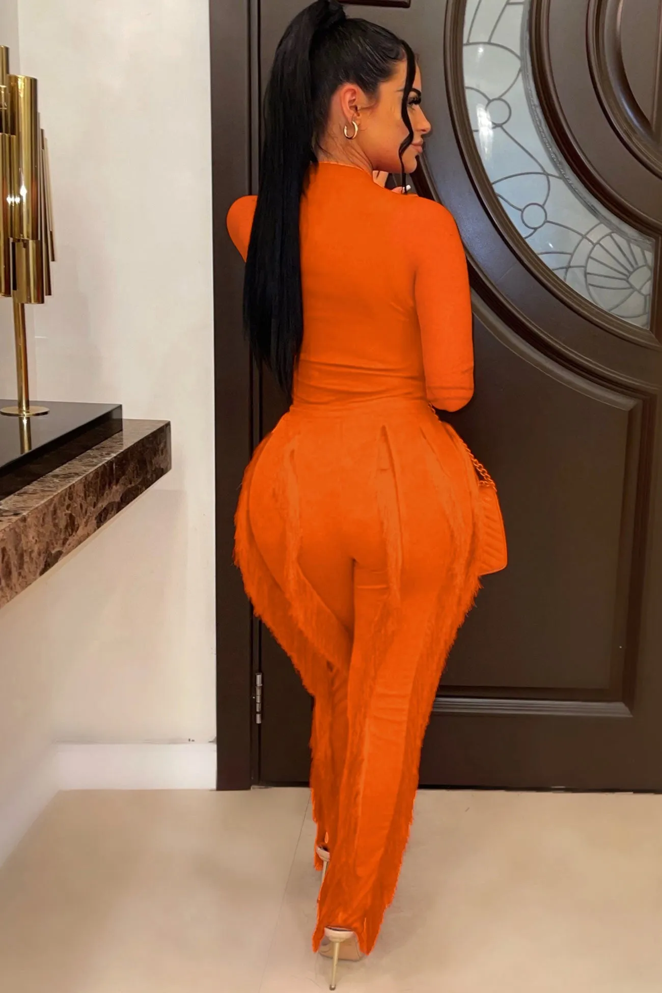 Solid Bodysuit Fringe Long Pants Suits