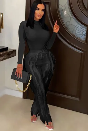 Solid Bodysuit Fringe Long Pants Suits