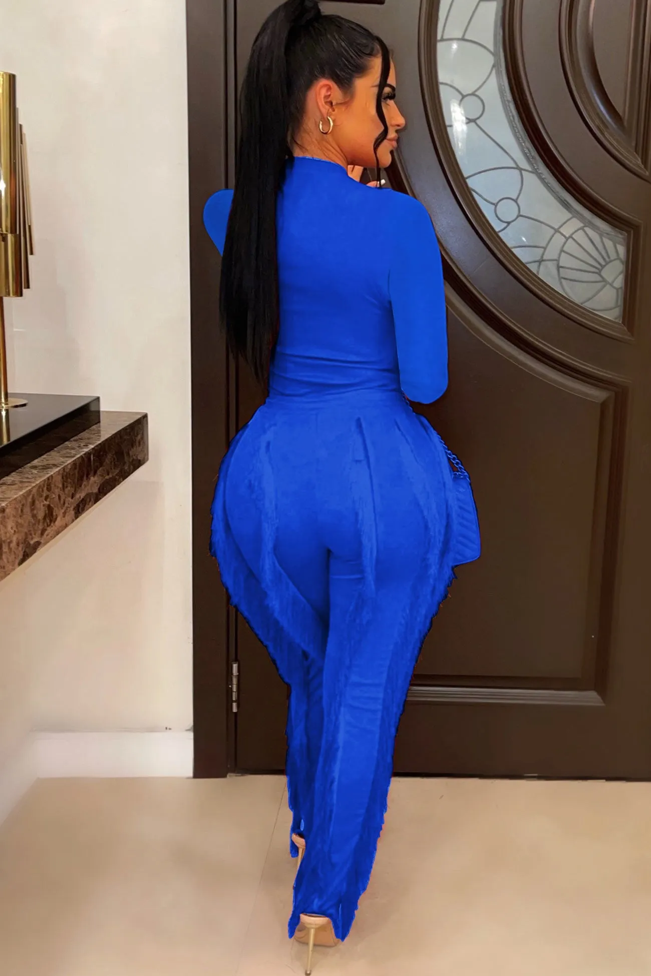 Solid Bodysuit Fringe Long Pants Suits