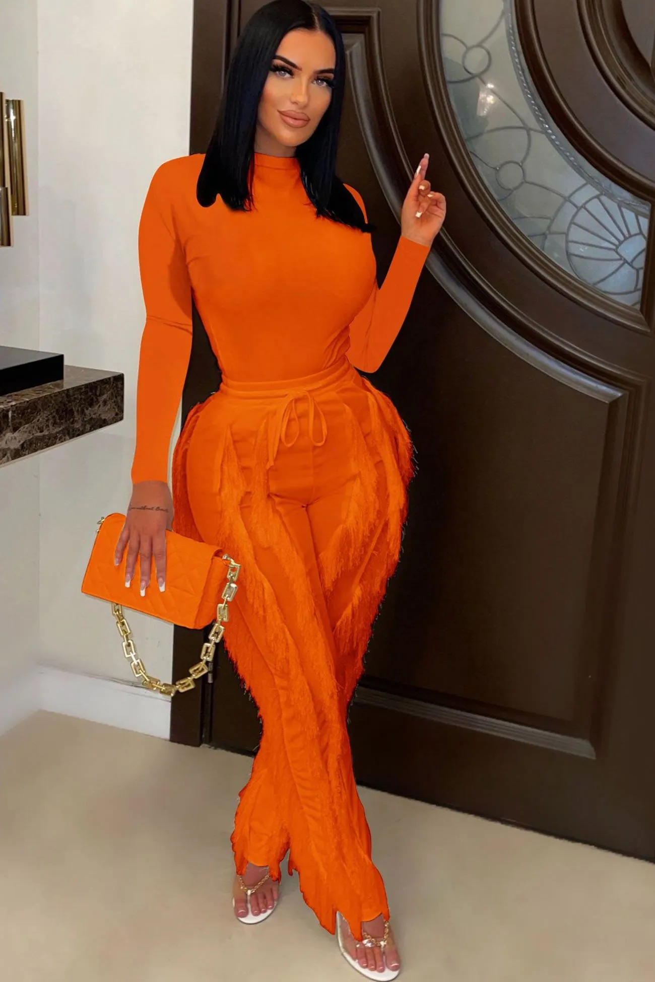 Solid Bodysuit Fringe Long Pants Suits