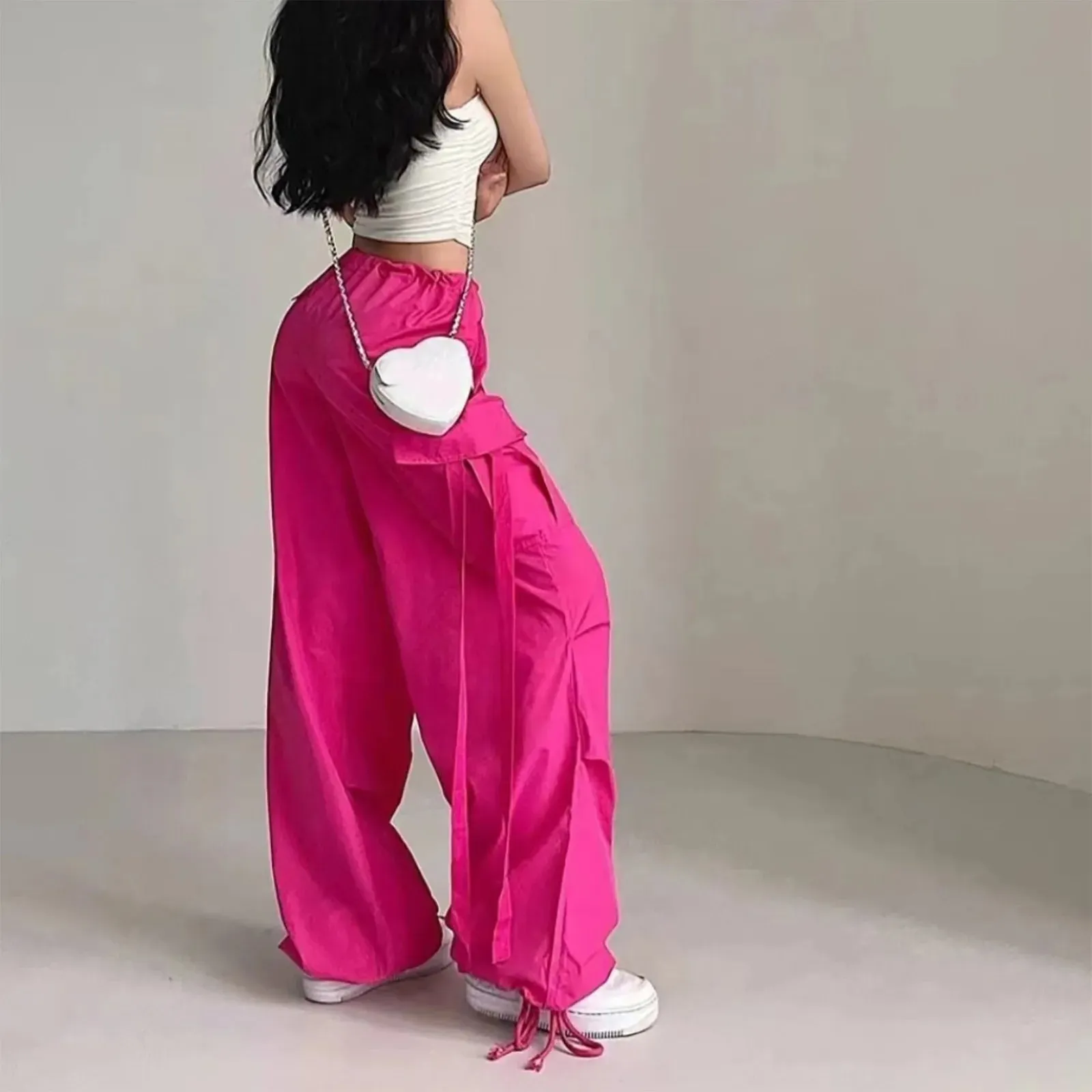 Streetwear High Straight Hot Pink Lace-up Cargo Fashion Pants