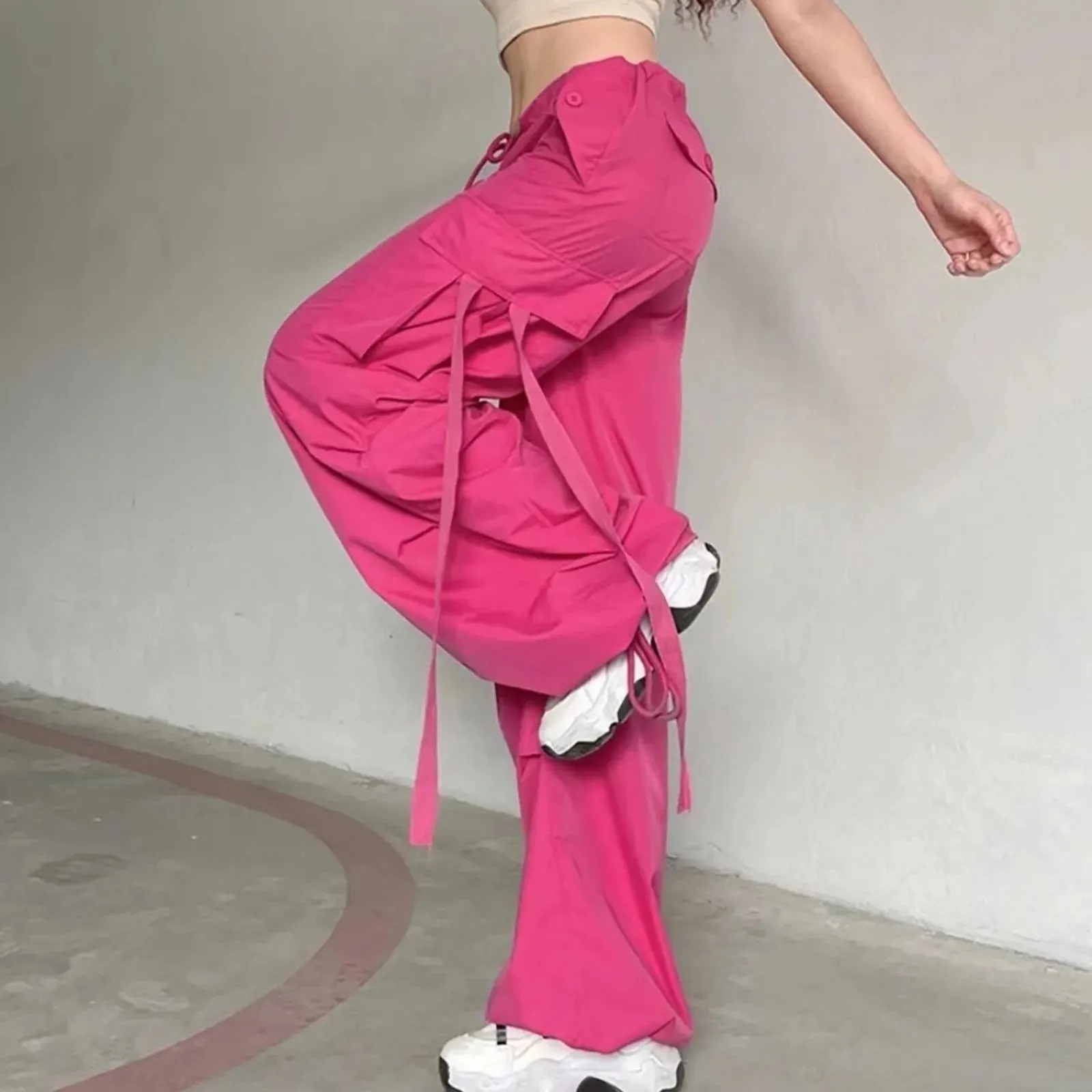 Streetwear High Straight Hot Pink Lace-up Cargo Fashion Pants