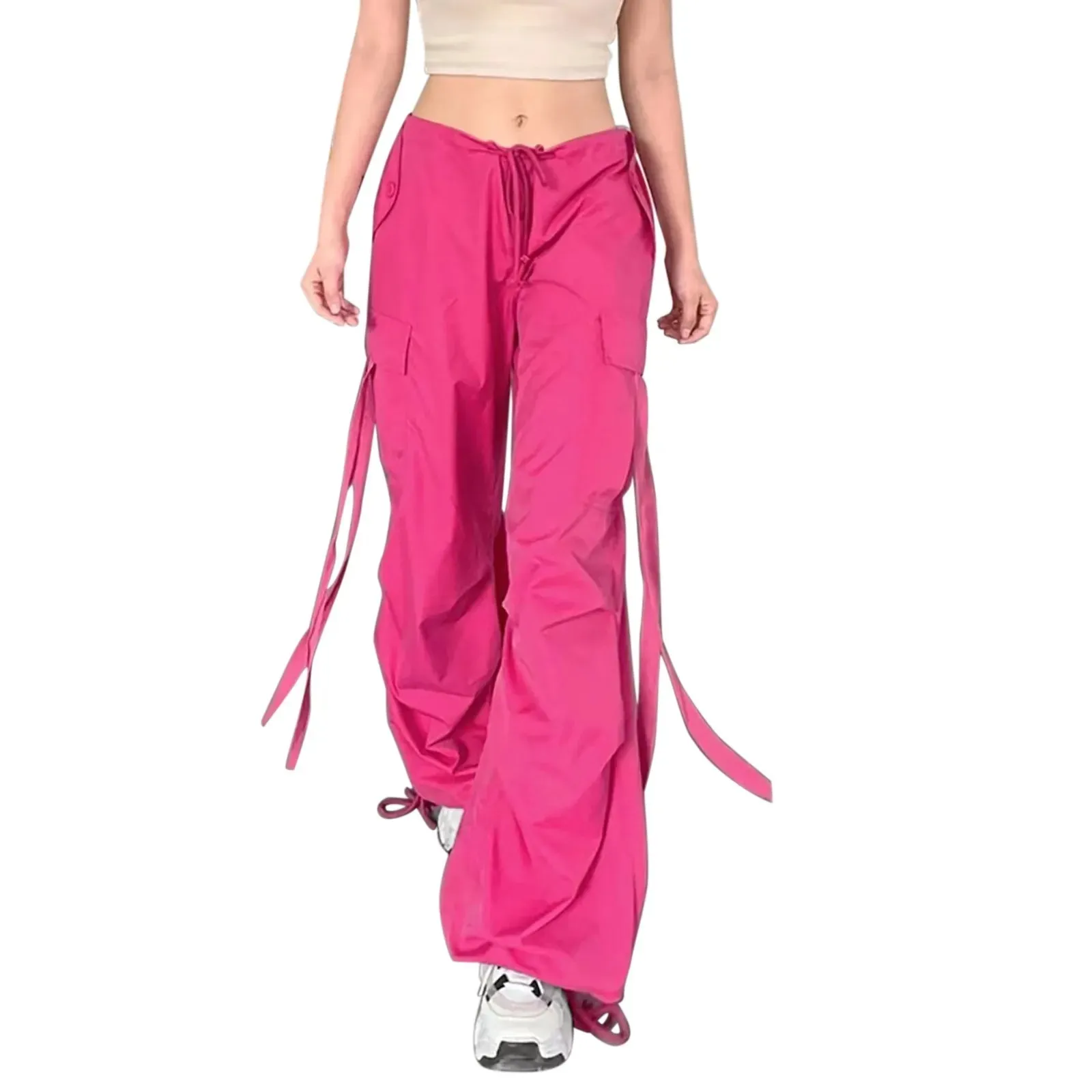 Streetwear High Straight Hot Pink Lace-up Cargo Fashion Pants