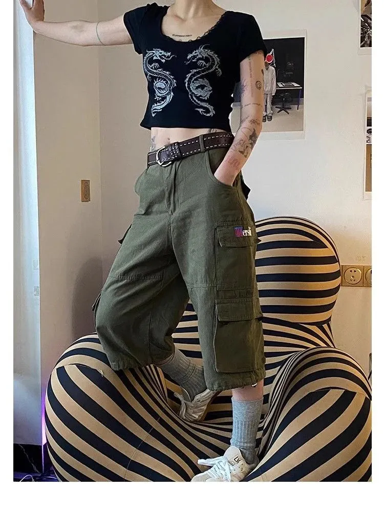 TAVIMART  -  Women's Multi Pocket Neutral Cargo Cropped Pants Summer New Street Style Thin Shorts Casual  Female Straight Wide Leg Trousers