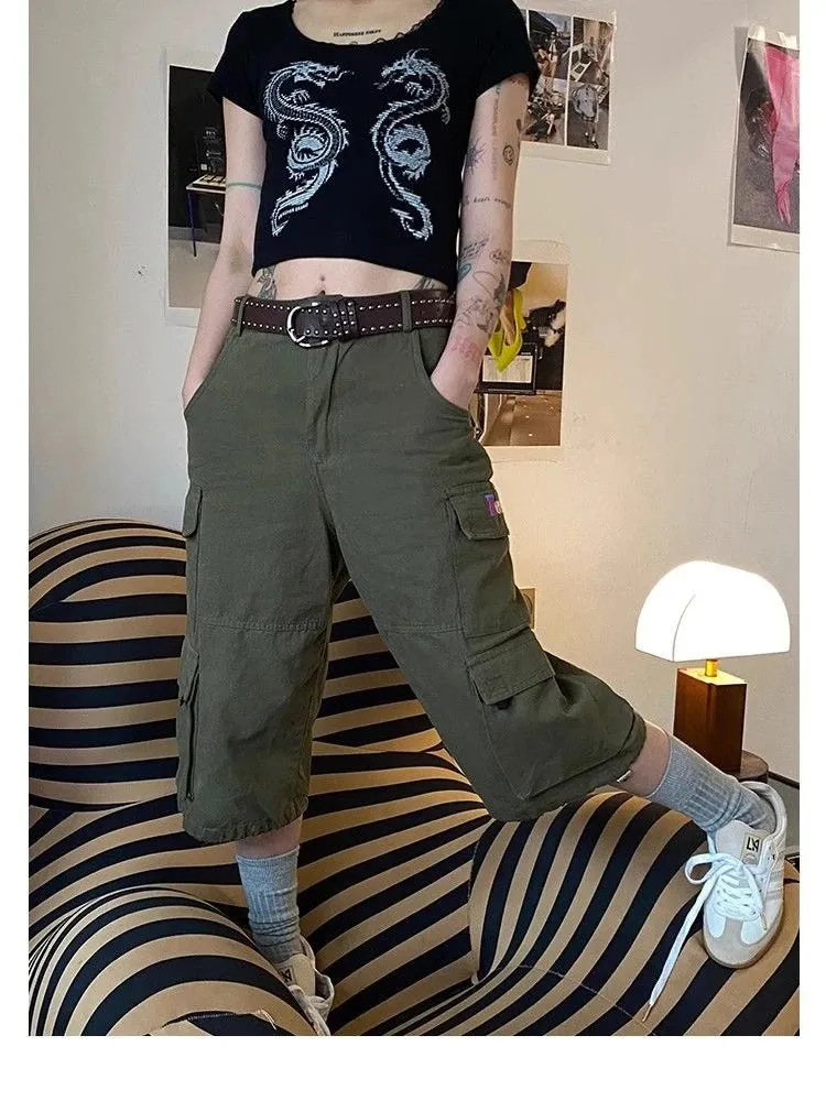 TAVIMART  -  Women's Multi Pocket Neutral Cargo Cropped Pants Summer New Street Style Thin Shorts Casual  Female Straight Wide Leg Trousers