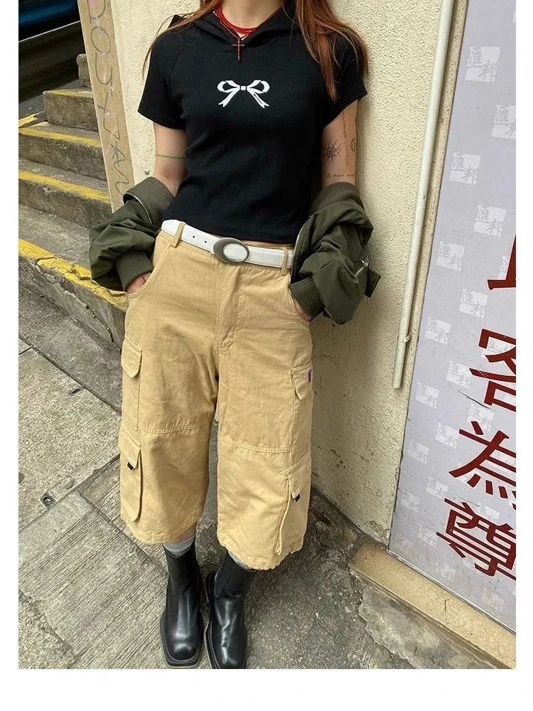 TAVIMART  -  Women's Multi Pocket Neutral Cargo Cropped Pants Summer New Street Style Thin Shorts Casual  Female Straight Wide Leg Trousers