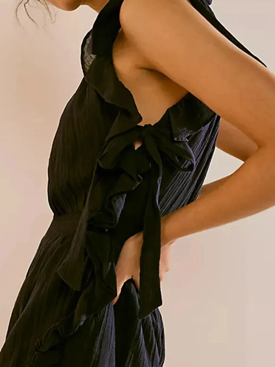 Tie-up Ruffled Solid Clubwear Sleeveless Romper