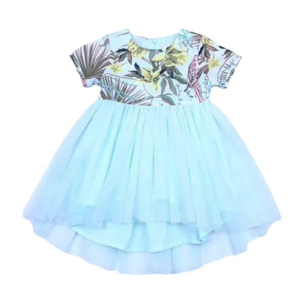 Tropical Print Tulle Dress in Aqua