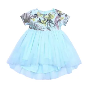 Tropical Print Tulle Dress in Aqua
