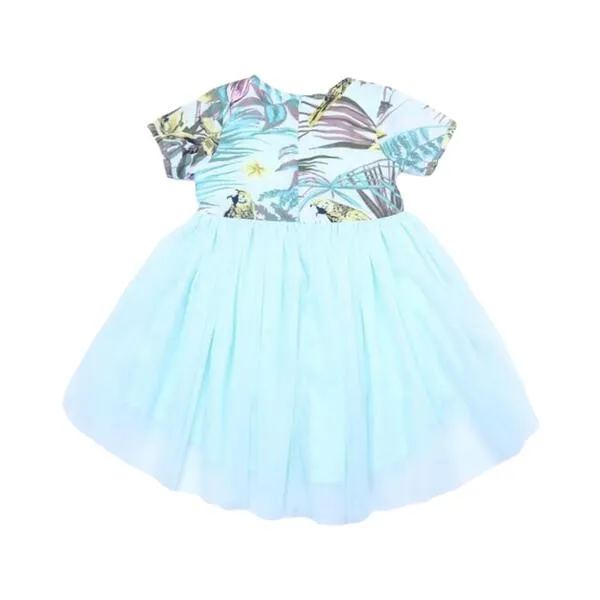 Tropical Print Tulle Dress in Aqua